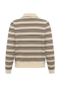 Pull beige à manches longues avec des rayures horizontales noires irrégulières, poignets et ourlet côtelés, vu de dos.