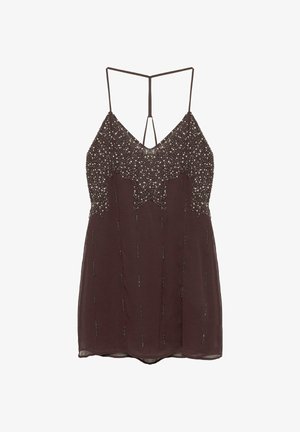 Dark brown spaghetti-strap dress with sequined bodice and scattered vertical bead embellishments on a flowy skirt.