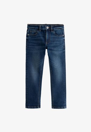 Jeans per bambini di colore blu scuro con tasche frontali e posteriori, passanti per cintura e chiusura con bottone, mostrati su uno sfondo bianco.