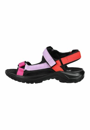 Sort sål sandal med polstrede remme i pink, lavendel og rød, med justerbare velcro lukninger.