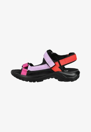 Sandale mit schwarzer Sohle und gepolsterten Riemen in Pink, Lavendel und Rot, mit verstellbaren Klettverschlüssen.