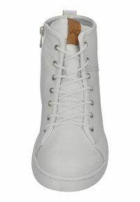 White high-top sneaker with smooth leather upper, round toe, silver eyelets, white laces, and a brown leather accent on the tongue.