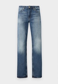 Μπλε τζιν παντελόνι με ίσια γραμμή, ξεθωριασμένη υφή και ελαφριά φθορά. Διαθέτει πέντε τσέπες και μεταλλικά εξαρτήματα.