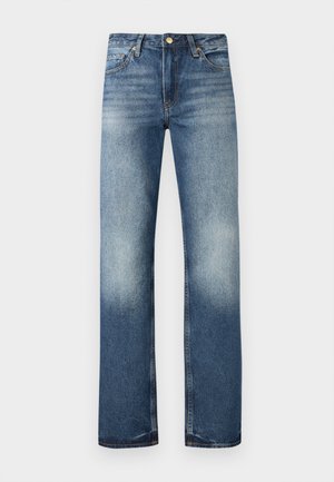 Μπλε τζιν παντελόνι με ίσια γραμμή, ξεθωριασμένη υφή και ελαφριά φθορά. Διαθέτει πέντε τσέπες και μεταλλικά εξαρτήματα.