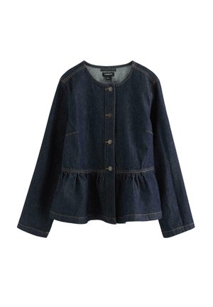 Mørkeblå denimjakke med lange ærmer, rund halsudskæring, knaplukning foran og detalje med indsamlet peplumkant.