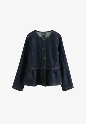 Mørkeblå denimjakke med lange ærmer, rund halsudskæring, knaplukning foran og detalje med indsamlet peplumkant.