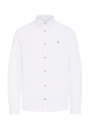 Vit linblus med lång ärm och spetsig krage, träknappar och en liten broderad logotyp på br östet. Slät textur.