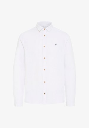 Valge linane pikkade varrukatega särk terava kraega, puidust nupud ja väike broderiidiga logo rinnal. Sile tekstuur.