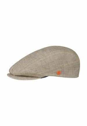 Beige fabric flat cap with subtle stripes and a small round red and orange brand tag on the side.