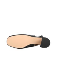 Scarpa nera con tacco alto, superiore in pelle liscia, punta arrotondata e suola in gomma solida con una soletta beige e tacco appuntito.