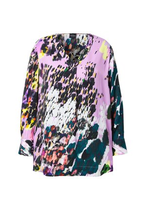 Bunte, locker sitzende Bluse mit V-Ausschnitt. Hat kräftige Muster in Lila, Schwarz, Grün und Gelb. Weiche, glatte Stofftextur.