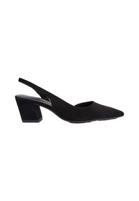 décolleté slingback in suede nero con punta affusolata e tacco geometrico di media altezza. Texture liscia e design minimalista.
