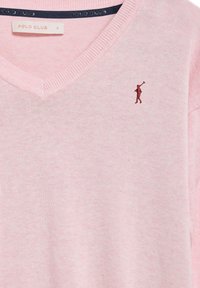 Light pink V-neck sweater in knit fabric with ribbed cuffs and hem, featuring a small dark red embroidered logo on the chest.