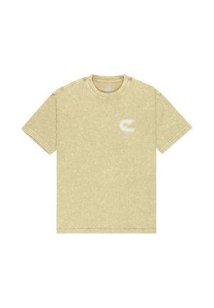 Beiges kurzärmeliges T-Shirt aus weicher Baumwolle mit strukturiertem Muster und kleinem weißem Logo auf der linken Brust.