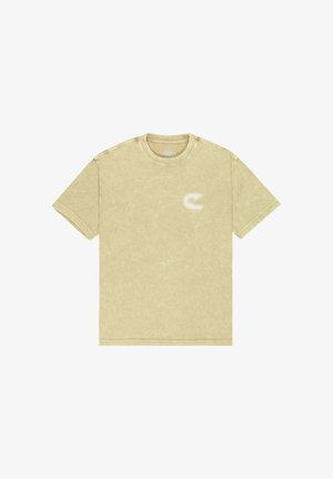 Beiges kurzärmeliges T-Shirt aus weicher Baumwolle mit strukturiertem Muster und kleinem weißem Logo auf der linken Brust.