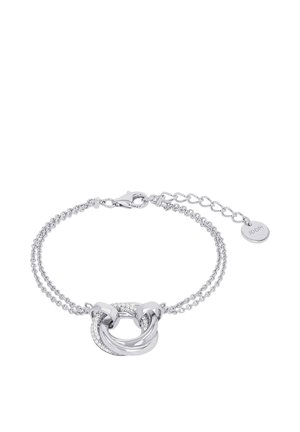 Silbernes Doppelkettenarmband mit ineinander verschlungenen, polierten und pavé-besetzten runden Gliedern und verstellbarem Verschluss mit rundem Markenanhänger.
