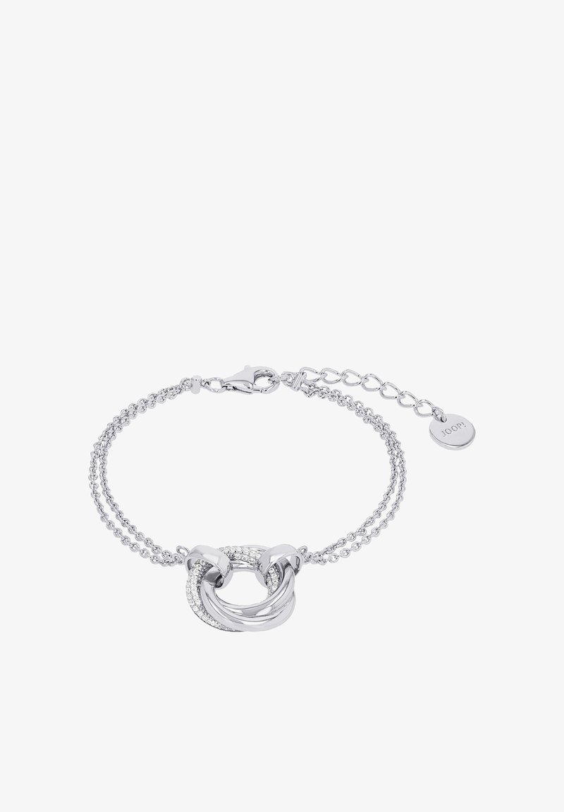 Srebrna bransoletka z podwójnym łańcuszkiem, z splecionymi polerowanymi i pavé osadzonymi okrągłymi ogniwami oraz regulowanym zapięciem z okrągłą, markową zawieszką.