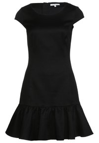 Robe noire à manches courtes avec texture, taille cintrée et ourlet évasé à volants, dotée d'un col rond.