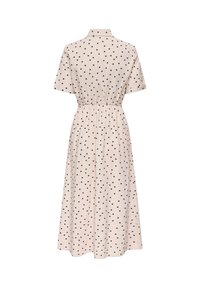 Robe midi beige à pois noirs, manches courtes, encolure avec col, taille cintrée, vue de dos.