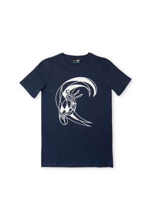 Granatowy t-shirt z krótkim rękawem z białą grafiką stylizowanego surfera jadącego na fali na środku przodu.