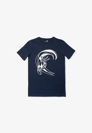 Granatowy t-shirt z krótkim rękawem z białą grafiką stylizowanego surfera jadącego na fali na środku przodu.
