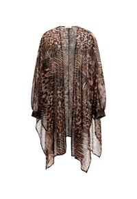 Prozirni kimono s uzorkom životinja u smešnim, crnim i smešnim tonovima. Labav kroj, otvoreni prednji deo i naborane rukave s teksturiranim akcentima.