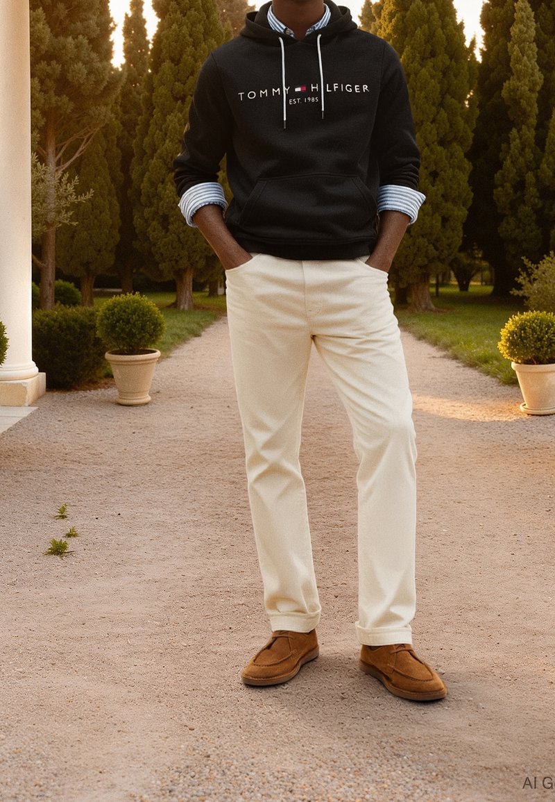 Personne debout sur un chemin de gravier bordé de plantes en pot et de grands arbres, portant un sweat à capuche noir, un pantalon blanc et des chaussures marron.