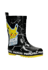 Czarny kalosz z żółtą podeszwą, wzorem rozbłysku błyskawicy, postacią Pikachu oraz napisem "HIGH VOLTAGE" i "PIKACHU" u podstawy.
