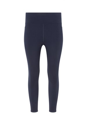 Leggings deportivos azul marino de tiro alto con costuras visibles, largo hasta el tobillo y ajuste ceñido sobre fondo blanco.