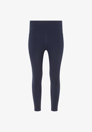 Marineblaue, hoch taillierte Sportleggings mit sichtbaren Nähten, knöchellang und schlanker Passform auf weißem Hintergrund.