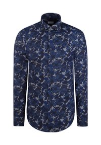 Chemise boutonnée en tissu bleu marine avec un motif floral dans des tons de bleu et de gris. Manches longues et col classique.