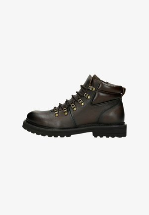 Braune Leder-Ankle-Boots mit strukturiertem Finish, Metallösen und robuster Sohle. Verfügt über einen gepolsterten Kragen und Schnürdesign.