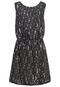 Černé šaty s kulatým výstřihem, zdobené flitry v svislých pruzích, zúženým pasem a volným střihem. Krátká délka.