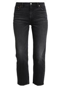 Jeans in denim nero con design a gamba dritta, dotati di vita alta, chiusura con bottone e dettagli in metallo color rame.