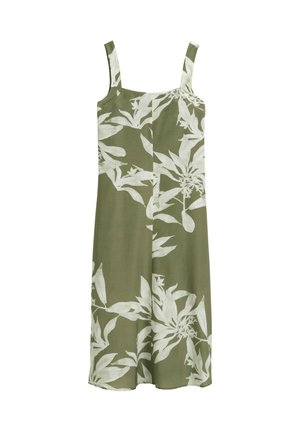 Ärmelloses Kleid aus olivgrünem Stoff mit weißem botanischen Print; gerader Schnitt mit dünnen Trägern und fließender Textur.