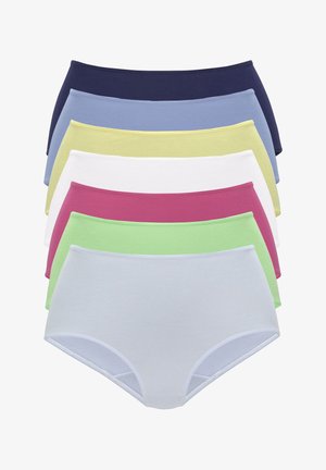Set med sju par bomullsboxershorts i olika färger: marinblå, ljusblå, gul, vit, rosa, grön och ljusblå. Slät textur, design med full täckning.