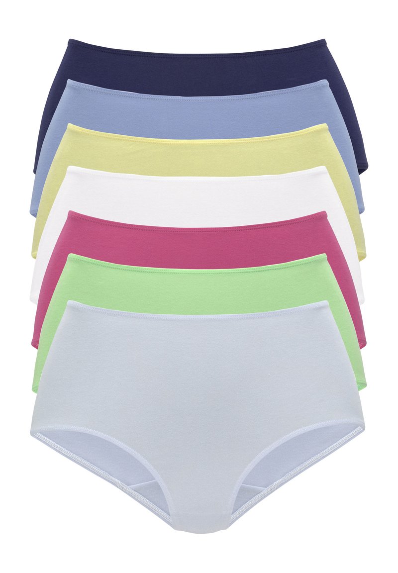 Set aus sieben Baumwollunterhosen in verschiedenen Farben: Marineblau, Hellblau, Gelb, Weiß, Rosa, Grün und Hellblau. Glatte Textur, Design mit vollständiger Abdeckung.