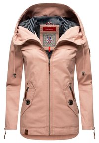 Light pink waterproof jacket with a hood, front zipper, two side pockets, striped inner lining, and an embroidered logo patch.