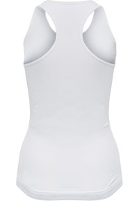Weißes Sporttanktop mit Racerback-Design, hergestellt aus glattem, dehnbarem Stoff. Verfügt über eine taillierte Silhouette und einen niedrigen Ausschnitt.