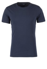 Námořnická modrá bavlněná tričko s krátkým rukávem a kulatým výstřihem. Jednoduchý design, jemná textura, bez vzorů a viditelného kován�í.