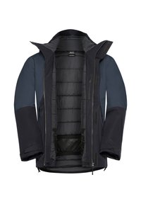 Giacca impermeabile da uomo in navy scuro con accenti grigi, presenta un rivestimento trapuntato, numerose tasche e un colletto alto con cappuccio regolabile.