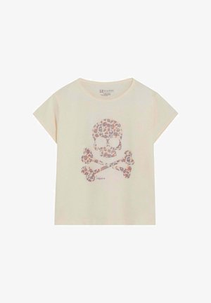 Camiseta de manga corta color crema con un diseño centrado en el frente de una calavera y huesos cruzados con patrón floral.