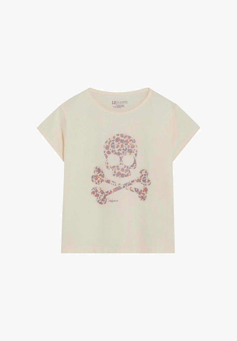 Camiseta de manga corta color crema con un diseño centrado en el frente de una calavera y huesos cruzados con patrón floral.