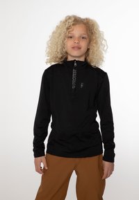 Schwarzes Langarm-Zip-Up-Oberteil mit hohem Kragen und subtil gedrucktem, mattem Logo auf der Vorderseite. Glatte Stoffoberfläche und figurschmeichelnder Schnitt.