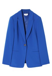 Blue tailored blazer with a notched collar, single button closure, two front pockets, and smooth texture. Fully lined interior.