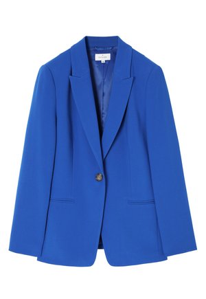 Modrý „bledě modrý“ přizpůsobený blazer s klopovým límcem, zapínáním na jeden knoflík, dvěma předními kapsami a hladkou texturou. Plně podšitý interiér.
