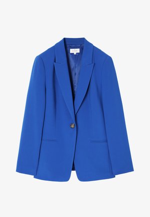 Modrý „bledě modrý“ přizpůsobený blazer s klopovým límcem, zapínáním na jeden knoflík, dvěma předními kapsami a hladkou texturou. Plně podšitý interiér.