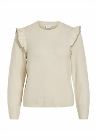 Kremowy sweter dzianinowy z długimi rękawami, okrągłym dekoltem i falbaniastymi akcentami na ramionach. Posiada ściągacz na dole i miękką teksturę.