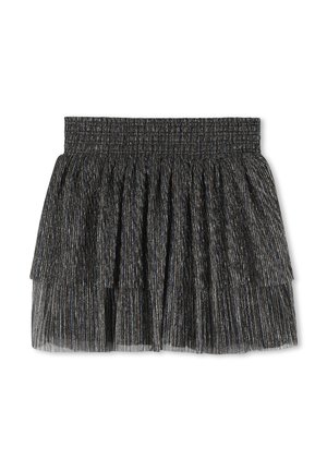 Zwart-zilveren gelaagde rok met een gerimpelde tailleband, voorzien van een gestructureerde, metallic glans en een vloeiende, gelaagde uitstraling.