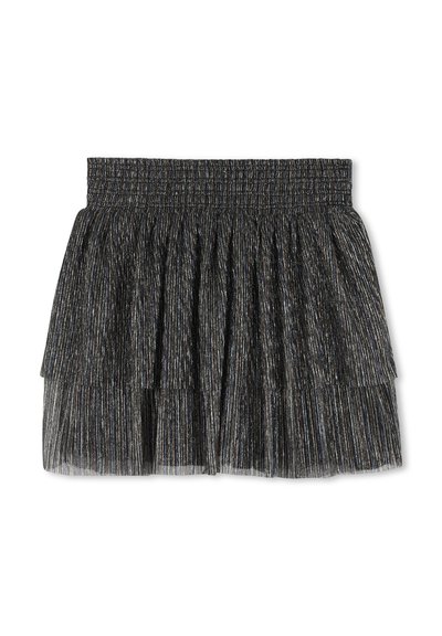 Czarna i srebrna warstwowa spódnica z marszczoną gumką w pasie, charakteryzująca się teksturowanym, metalicznym połyskiem oraz płynnym, wielowarstwowym krojem.